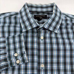Banana Republic Mens Tailored Fit Non Iron Plaid Shirt Blue Black L 16-16.5